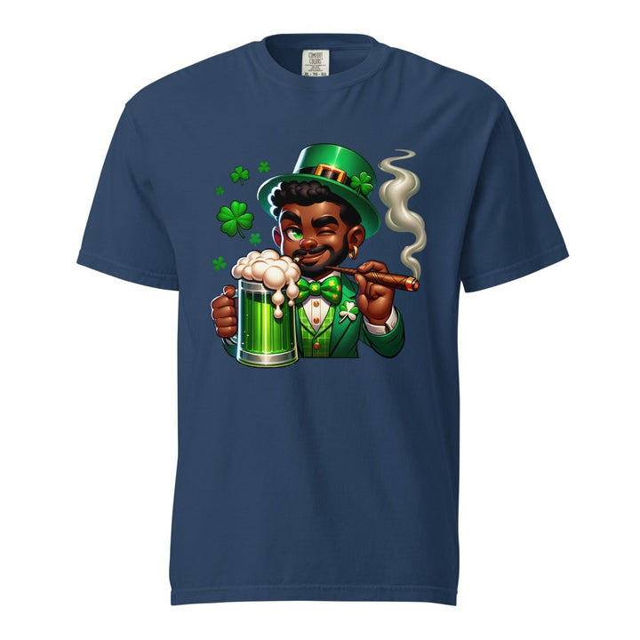 Black St. Patricks Day Stoner Unisex garment - dyed heavyweight t-shirt - True Navy - S - Product mockup - Tatoo Tee