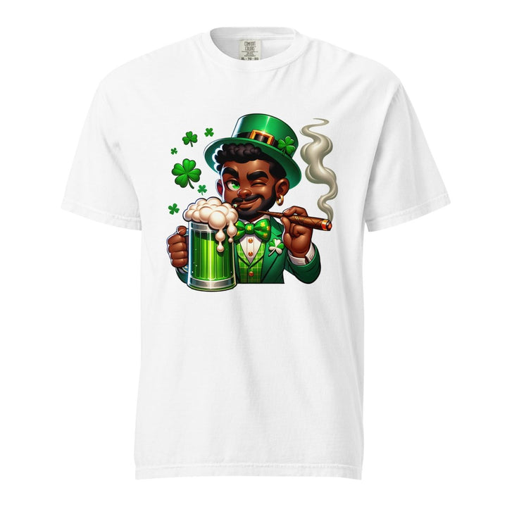 Black St. Patricks Day Stoner Unisex garment - dyed heavyweight t-shirt - White - S - Product mockup - Tatoo Tee
