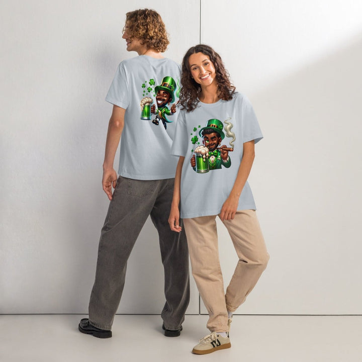 Black St. Patricks Day Stoner Unisex oversized t-shirt - Light Washed Denim - S - Product mockup - Tatoo Tee