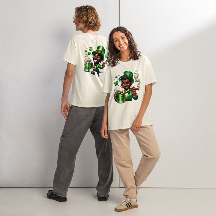 Black St. Patricks Day Stoner Unisex oversized t-shirt - Vintage White - S - Product mockup - Tatoo Tee