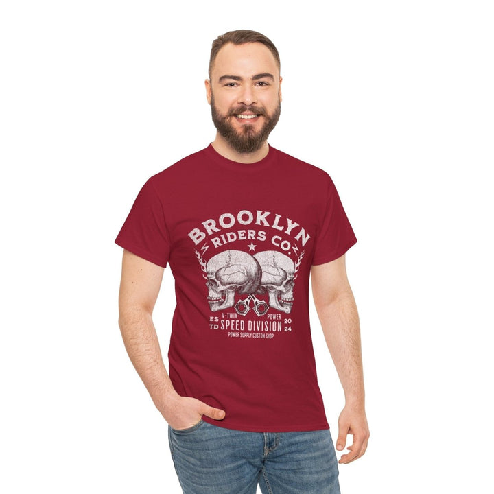 Brooklyn Riders Co. Heavy Cotton Tee - Unisex Graphic T-Shirt for Motorcycle Enthusiasts - Cardinal Red - S - Brooklyn Riders Co. Heavy Cotton Tee - Unisex Graphic T-Shirt for Motorcycle Enthusiasts - Tatoo Tee
