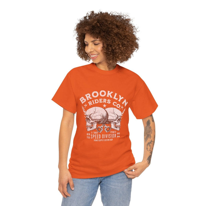 Brooklyn Riders Co. Heavy Cotton Tee - Unisex Graphic T-Shirt for Motorcycle Enthusiasts - Orange - S - Brooklyn Riders Co. Heavy Cotton Tee - Unisex Graphic T-Shirt for Motorcycle Enthusiasts - Tatoo Tee