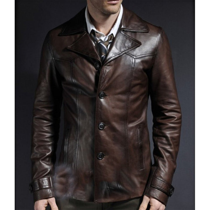 Brown Leather Blazer Coat 70s Collar Style - XS - Brown Leather Blazer Coat 70s Collar Style - Tatoo Tee