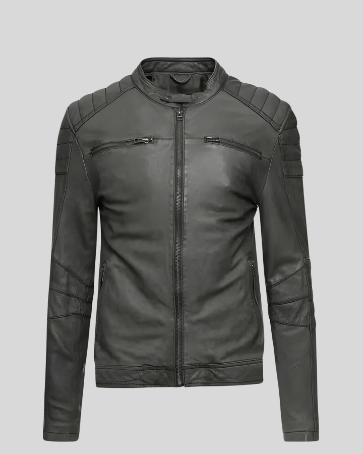 Buck Grey Biker Genuine Leather Jacket - XS - Buck Grey Biker Genuine Leather Jacket - Tatoo Tee