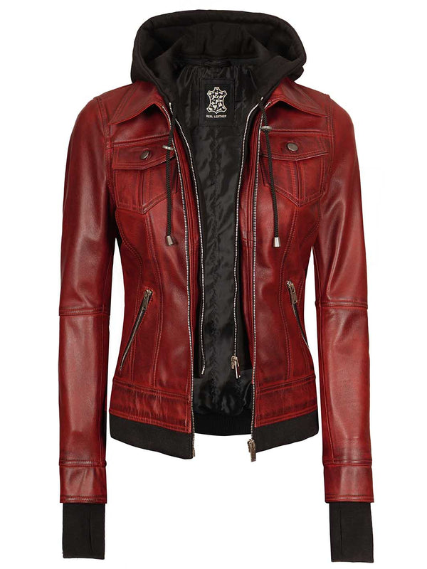 Burgundy Womens Leather Bomber Jacket with Hood