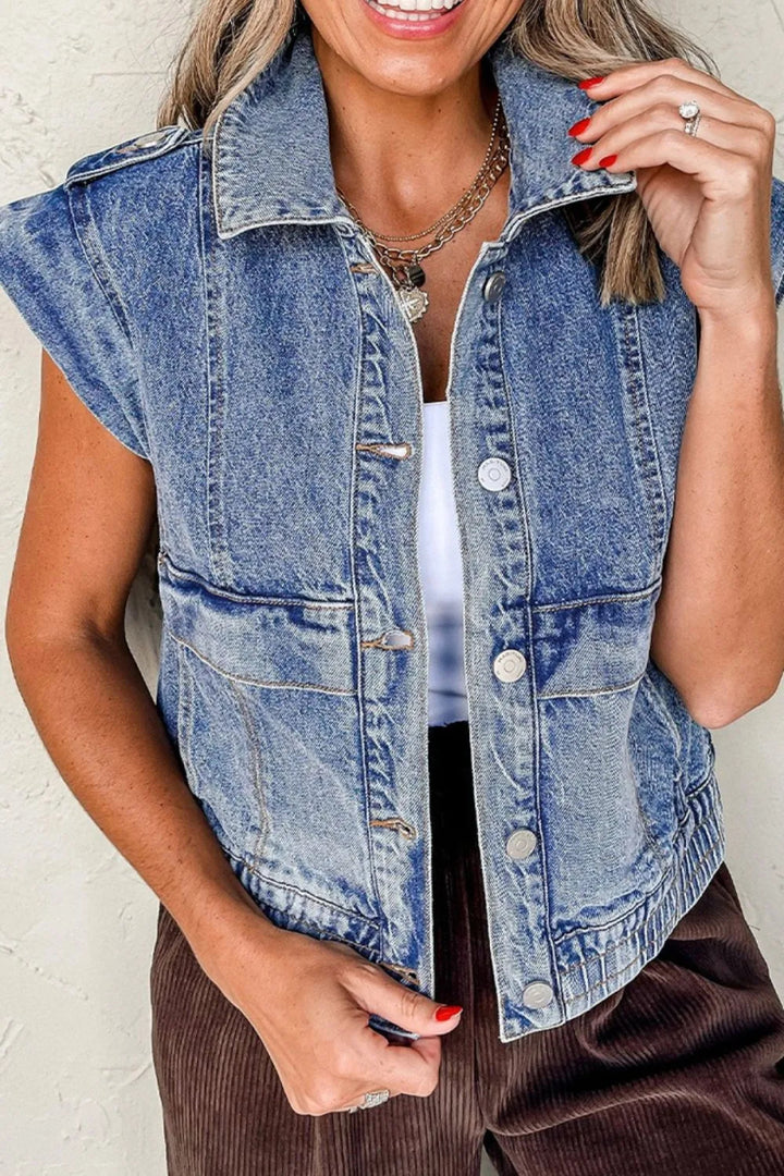 Button Up Cap Sleeve Denim Jacket - Medium - S - ba882cae - 1b83 - 4ebd - af3d - cfdad9dc0860 - Max - Origin - Tatoo Tee