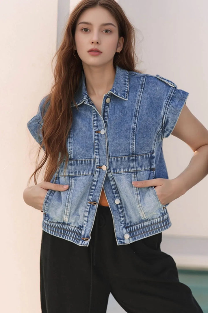 Button Up Cap Sleeve Denim Jacket - Medium - S - 56fb51c8 - f50b - 43b3 - bcf5 - d68ff8f47fc6 - Max - Origin - Tatoo Tee