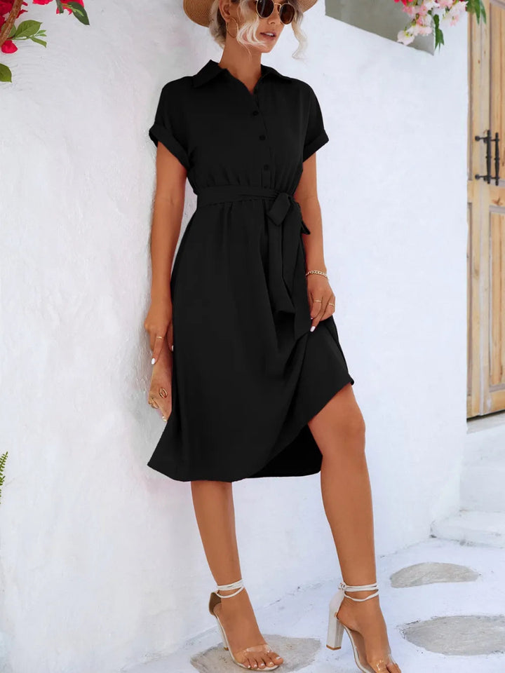 Buttoned Tie Waist Short Sleeve Dress - Black - S - 07c6fc10 - 45a3 - 476e - 902c - 270a3310616f - Max - Tatoo Tee