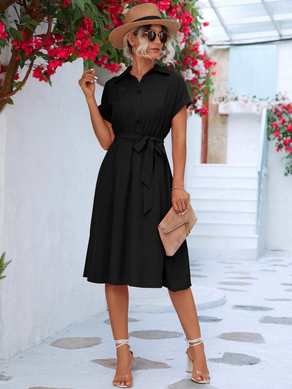 Buttoned Tie Waist Short Sleeve Dress - Black - S - 17b8a943 - 8494 - 4652 - 9b19 - aceba22347a3 - Max - Tatoo Tee