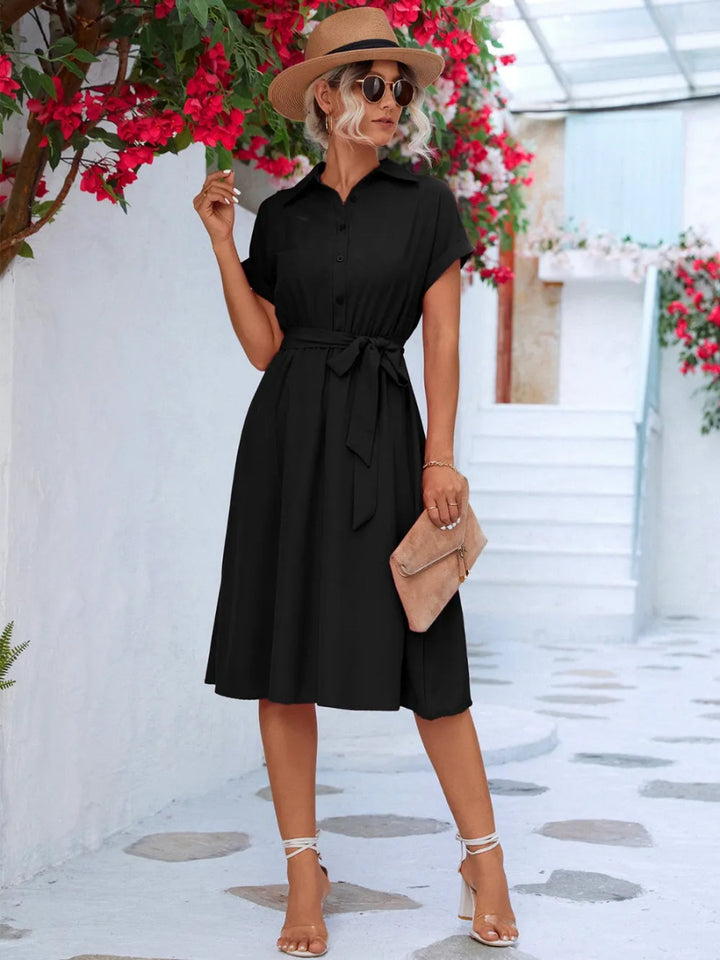 Buttoned Tie Waist Short Sleeve Dress - Black - S - 17b8a943 - 8494 - 4652 - 9b19 - aceba22347a3 - Max - Tatoo Tee