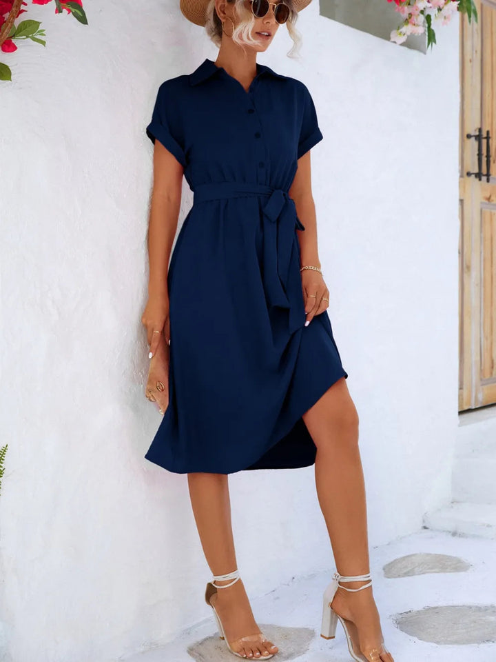 Buttoned Tie Waist Short Sleeve Dress - Dark Blue - S - df94c8d4 - 8984 - 4a47 - 829d - f84068a1f63e - Max - Tatoo Tee