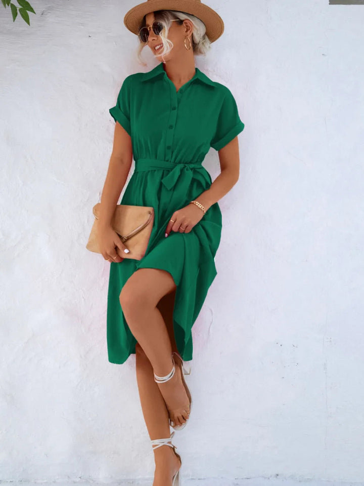 Buttoned Tie Waist Short Sleeve Dress - Green - S - f0a1c87b - 5a03 - 4d56 - be63 - b48c8afb5a81 - Max - Tatoo Tee