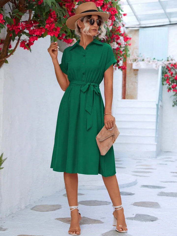 Buttoned Tie Waist Short Sleeve Dress - Green - S - ba2fa9ef - 7010 - 4b23 - 985a - a7c2a56842e1 - Max - Tatoo Tee