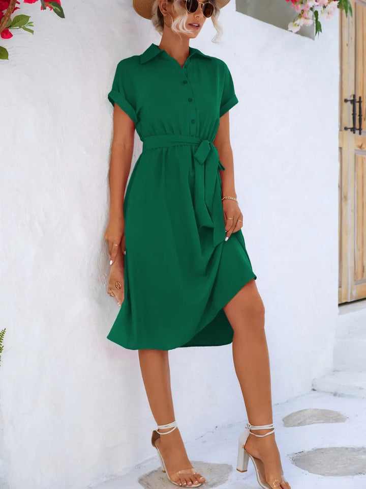 Buttoned Tie Waist Short Sleeve Dress - Green - S - c7b8fdb8 - 0374 - 4560 - 8de4 - c97132654962 - Max - Tatoo Tee