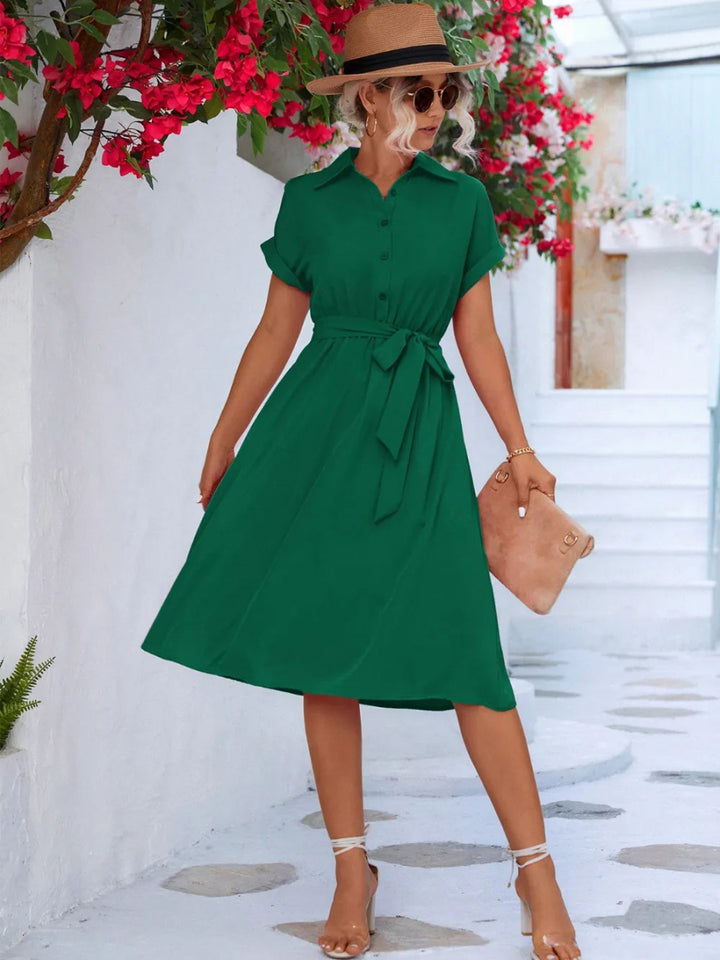Buttoned Tie Waist Short Sleeve Dress - Green - S - 9c40d592 - 291d - 4b6a - 9d8c - 56238b1030dd - Max - Tatoo Tee