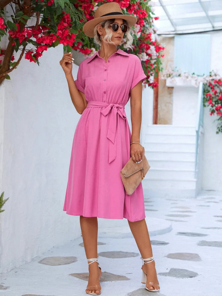 Buttoned Tie Waist Short Sleeve Dress - Pink - S - 84fb2146 - 3bdd - 473c - b6f5 - 0f1bdab14434 - Max - Tatoo Tee
