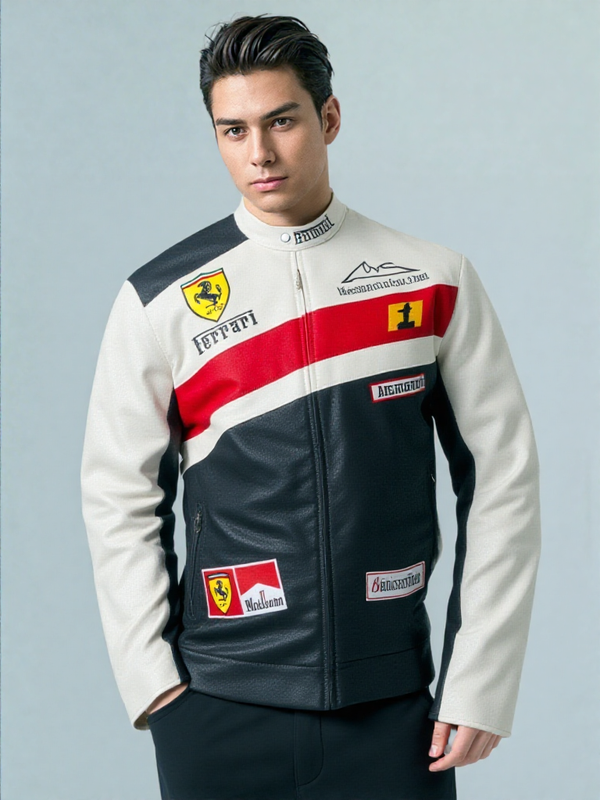 Ferrari Black & White Leather Vintage Racing Jacket
