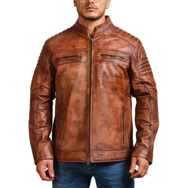 Cafe Racer Vintage Brown Cowhide Motorcycle Jacket - XS - Male - Cafe Racer Vintage Brown Cowhide Motorcycle Jacket - Tatoo Tee
