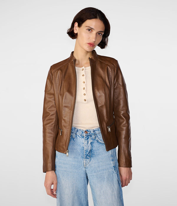 Caitlin Scuba Leather Biker Jacket