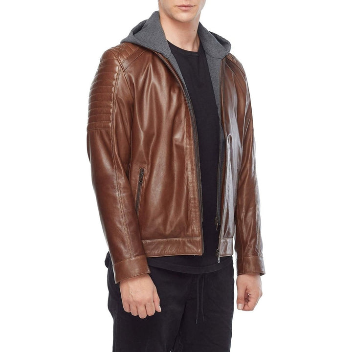 Cameron Brown Hooded Men’s Leather Jacket - XS - Male - Cameron Brown Hooded Men’s Leather Jacket - Tatoo Tee