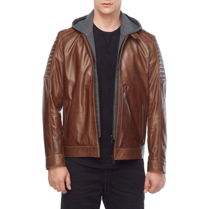 Cameron Brown Hooded Men’s Leather Jacket - XS - Male - Cameron Brown Hooded Men’s Leather Jacket - Tatoo Tee