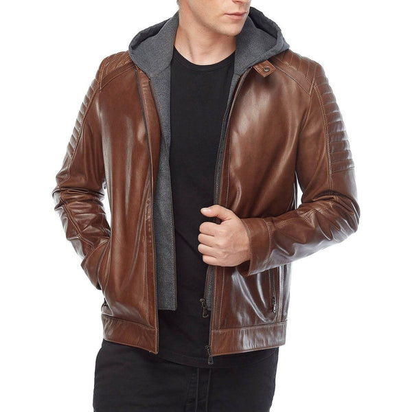 Cameron Brown Hooded Men’s Leather Jacket - XS - Male - Cameron Brown Hooded Men’s Leather Jacket - Tatoo Tee