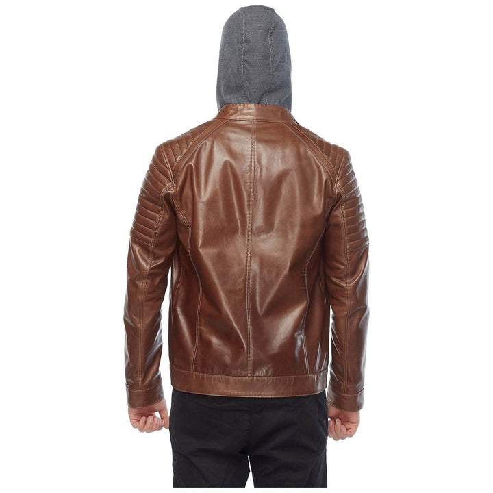 Cameron Brown Hooded Men’s Leather Jacket - XS - Male - Cameron Brown Hooded Men’s Leather Jacket - Tatoo Tee