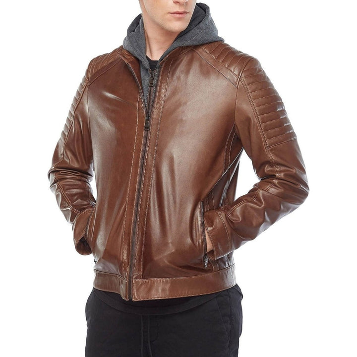 Cameron Brown Hooded Men’s Leather Jacket - XS - Male - Cameron Brown Hooded Men’s Leather Jacket - Tatoo Tee