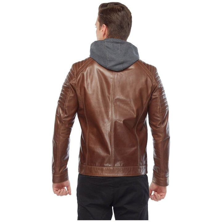 Cameron Brown Hooded Men’s Leather Jacket - XS - Male - Cameron Brown Hooded Men’s Leather Jacket - Tatoo Tee