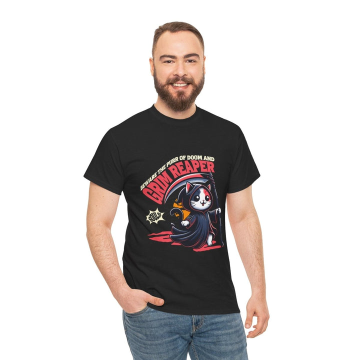 Cat Grim Reaper Unisex Heavy Cotton Tee - Purr of Doom Design - Cardinal Red - S - Cat Grim Reaper Unisex Heavy Cotton Tee - Purr of Doom Design - Tatoo Tee