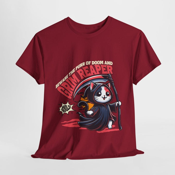 Cat Grim Reaper Unisex Heavy Cotton Tee - Purr of Doom Design - Cardinal Red - S - Cat Grim Reaper Unisex Heavy Cotton Tee - Purr of Doom Design - Tatoo Tee