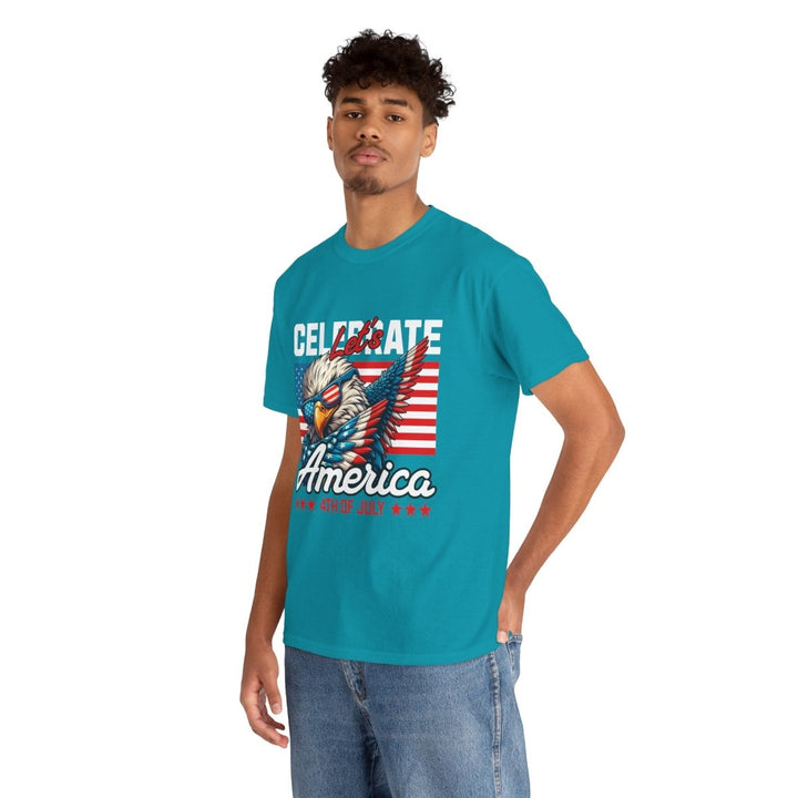 Celebrate America Unisex Heavy Cotton Tee - 4th of July Eagle Design - Heliconia - S - Celebrate America Unisex Heavy Cotton Tee - 4th of July Eagle Design - Tatoo Tee