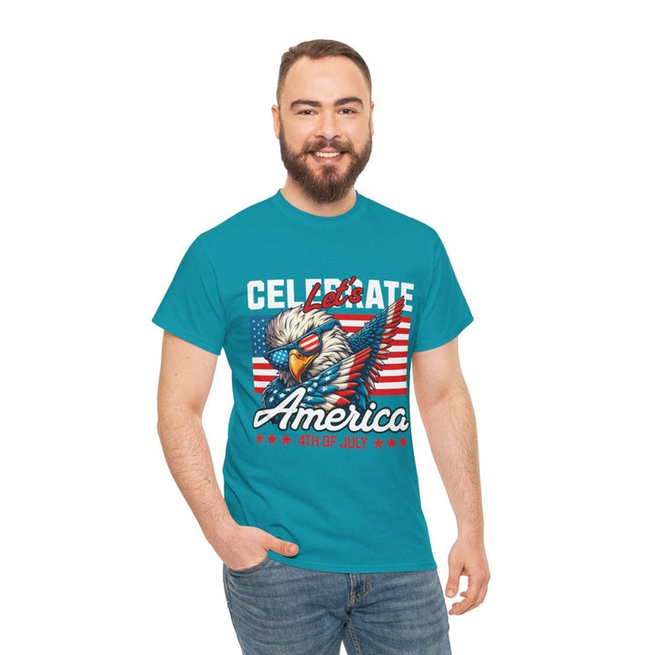 Celebrate America Unisex Heavy Cotton Tee - 4th of July Eagle Design - Tropical Blue - S - Celebrate America Unisex Heavy Cotton Tee - 4th of July Eagle Design - Tatoo Tee