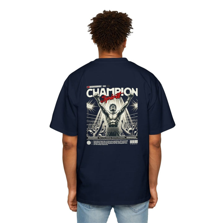 Champion Spirit Men's Heavy Oversized Tee - Bold Red Graphic Tee for Sports Lovers - S - Midnight Blue - Champion Spirit Men's Heavy Oversized Tee - Bold Red Graphic Tee for Sports Lovers - Tatoo Tee