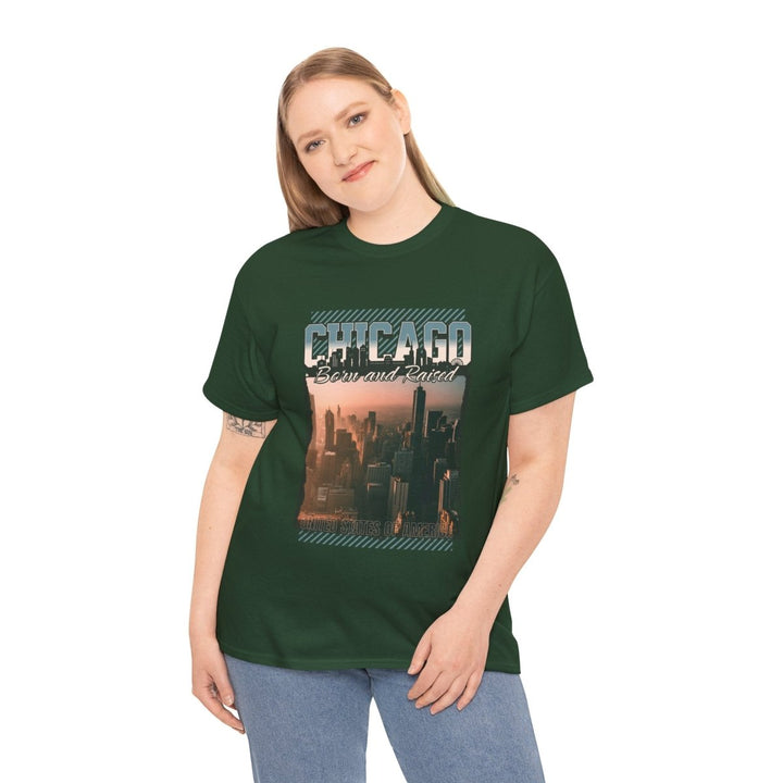 Chicago Born and Raised Unisex Heavy Cotton Tee - Casual Urban Style - Forest Green - S - Chicago Born and Raised Unisex Heavy Cotton Tee - Casual Urban Style - Tatoo Tee