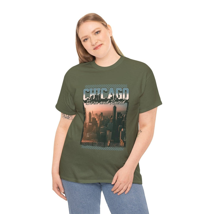 Chicago Born and Raised Unisex Heavy Cotton Tee - Casual Urban Style - Military Green - S - Chicago Born and Raised Unisex Heavy Cotton Tee - Casual Urban Style - Tatoo Tee
