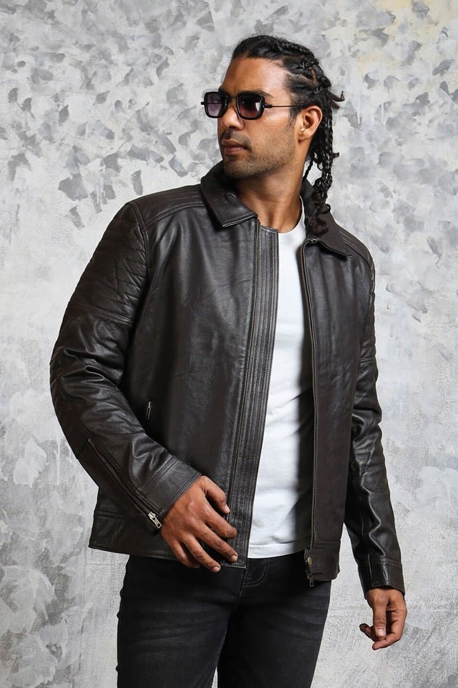 Classic Biker Black Leather Jacket for Men - X - Small - Black - Classic Biker Black Leather Jacket for Men - Tatoo Tee