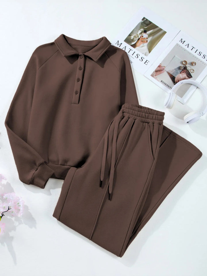 Collared Sweatshirt and High Waist Pants Active Set - Brown - M - 7784dd40f4ae4bdf9786f45402f485cc - Max - Origin - Tatoo Tee