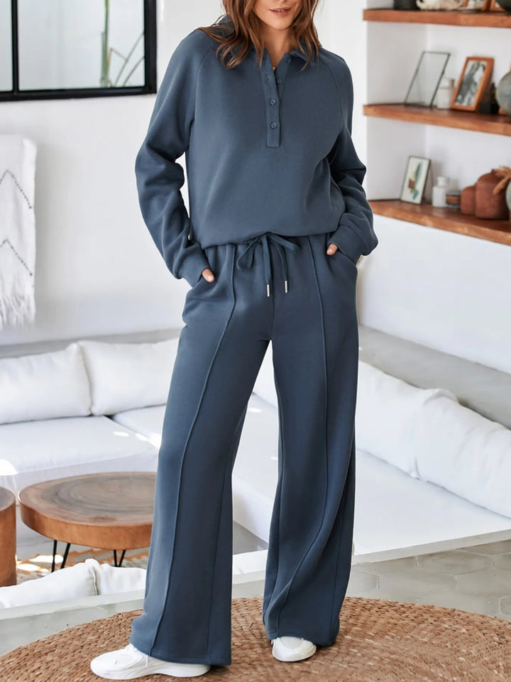 Collared Sweatshirt and High Waist Pants Active Set - Dusty Blue - M - 31da87cb - 9eb0 - 4181 - a2bb - 86501a8c2535 - Max - Origin - Tatoo Tee