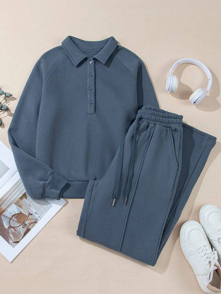 Collared Sweatshirt and High Waist Pants Active Set - Dusty Blue - M - ba8317a2e25b42fda957f465339fd142 - Max - Origin - Tatoo Tee