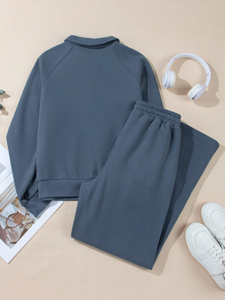 Collared Sweatshirt and High Waist Pants Active Set - Dusty Blue - M - 53eeeb594c7746808933a69d606fe0db - Max - Origin - Tatoo Tee