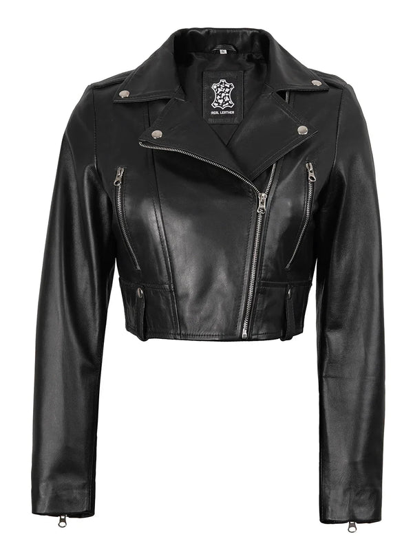 Colleen Women’s Cropped Black Moto Leather Jacket
