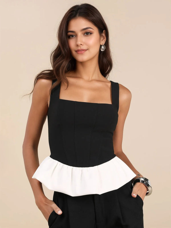 Contrast Ruffled Hem Square Neck Tank - Black - S - ba55d5d5f912463b82b73a6c9eee55e4 - Max - Origin - Tatoo Tee