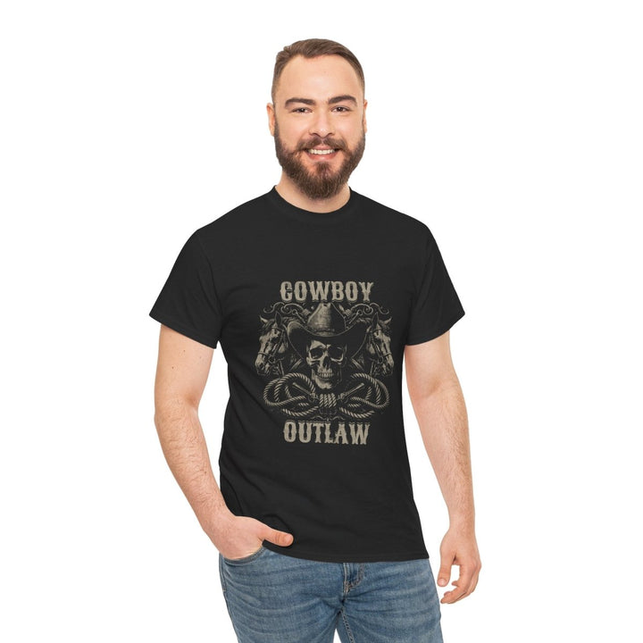 Cowboy Outlaw Unisex Heavy Cotton Tee - Perfect for Western Enthusiasts - Black - S - Cowboy Outlaw Unisex Heavy Cotton Tee - Perfect for Western Enthusiasts - Tatoo Tee