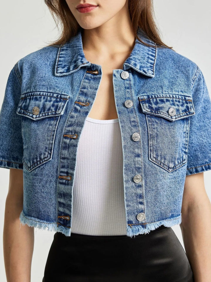 Cropped Short Sleeve Denim Jacket with Frayed Hem - Blue - XS - e5d2bafa5c964672992bda02336e0fae - Max - Origin - Tatoo Tee