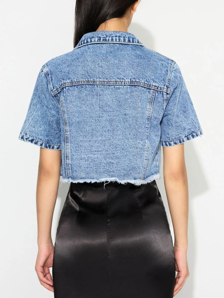 Cropped Short Sleeve Denim Jacket with Frayed Hem - Blue - XS - b9d9372e - 9134 - 4529 - b384 - e7fc24184c8c - Max - Origin - Tatoo Tee
