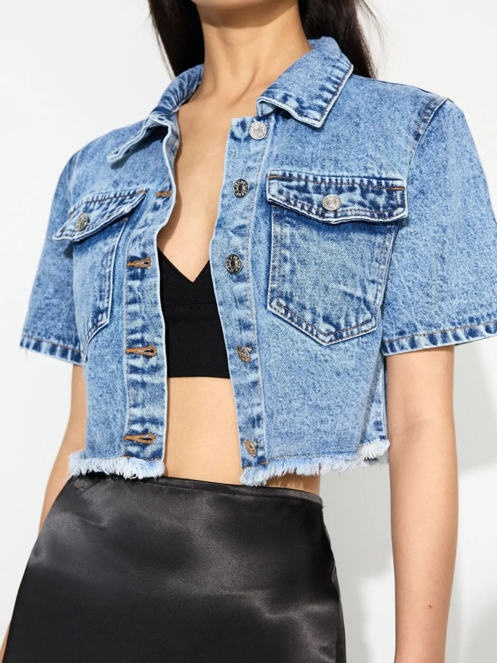 Cropped Short Sleeve Denim Jacket with Frayed Hem - Blue - XS - f27bbd2391834e518afb794509b69b61 - Max - Origin - Tatoo Tee