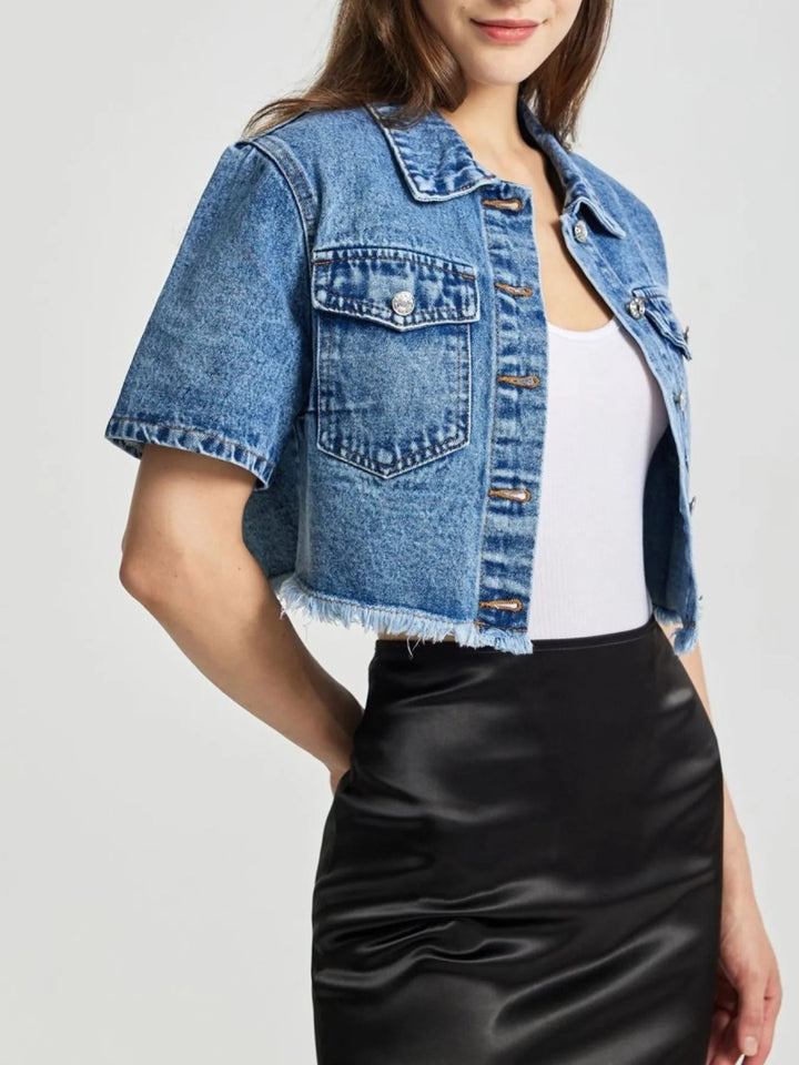 Cropped Short Sleeve Denim Jacket with Frayed Hem - Blue - XS - 4a6c6015 - 105d - 464f - a10a - 14f89f0e1461 - Max - Origin - Tatoo Tee
