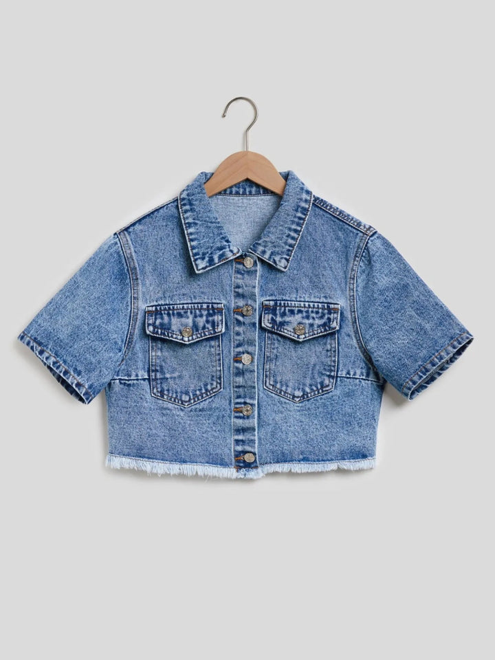 Cropped Short Sleeve Denim Jacket with Frayed Hem - Blue - XS - 21dd1146876a41259fb93c858e6ade77 - Max - Origin - Tatoo Tee