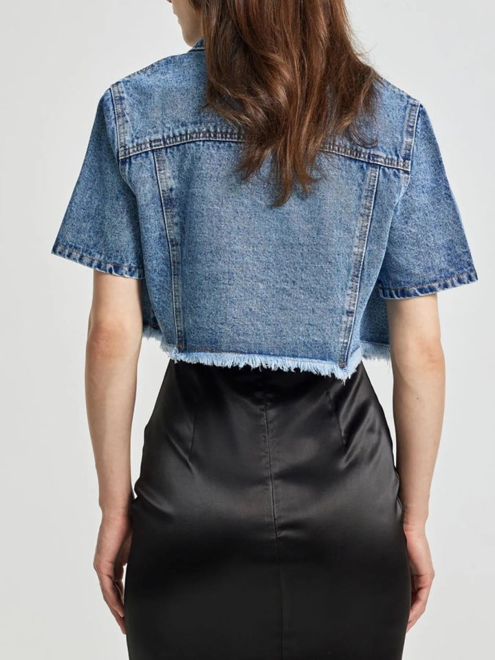 Cropped Short Sleeve Denim Jacket with Frayed Hem - Blue - XS - e067605b - 6bc2 - 44a1 - b80d - a5bac4fe9779 - Max - Origin - Tatoo Tee